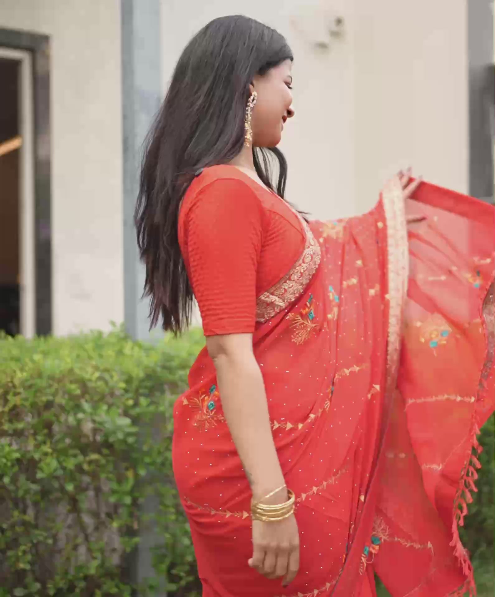 Red Georgette Stone Work Swarovski Saree