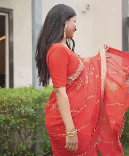 Red Georgette Stone Work Swarovski Saree