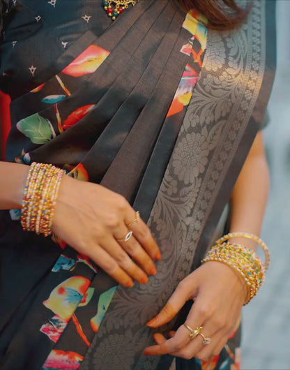 Black Dola Silk Floral Printed Saree