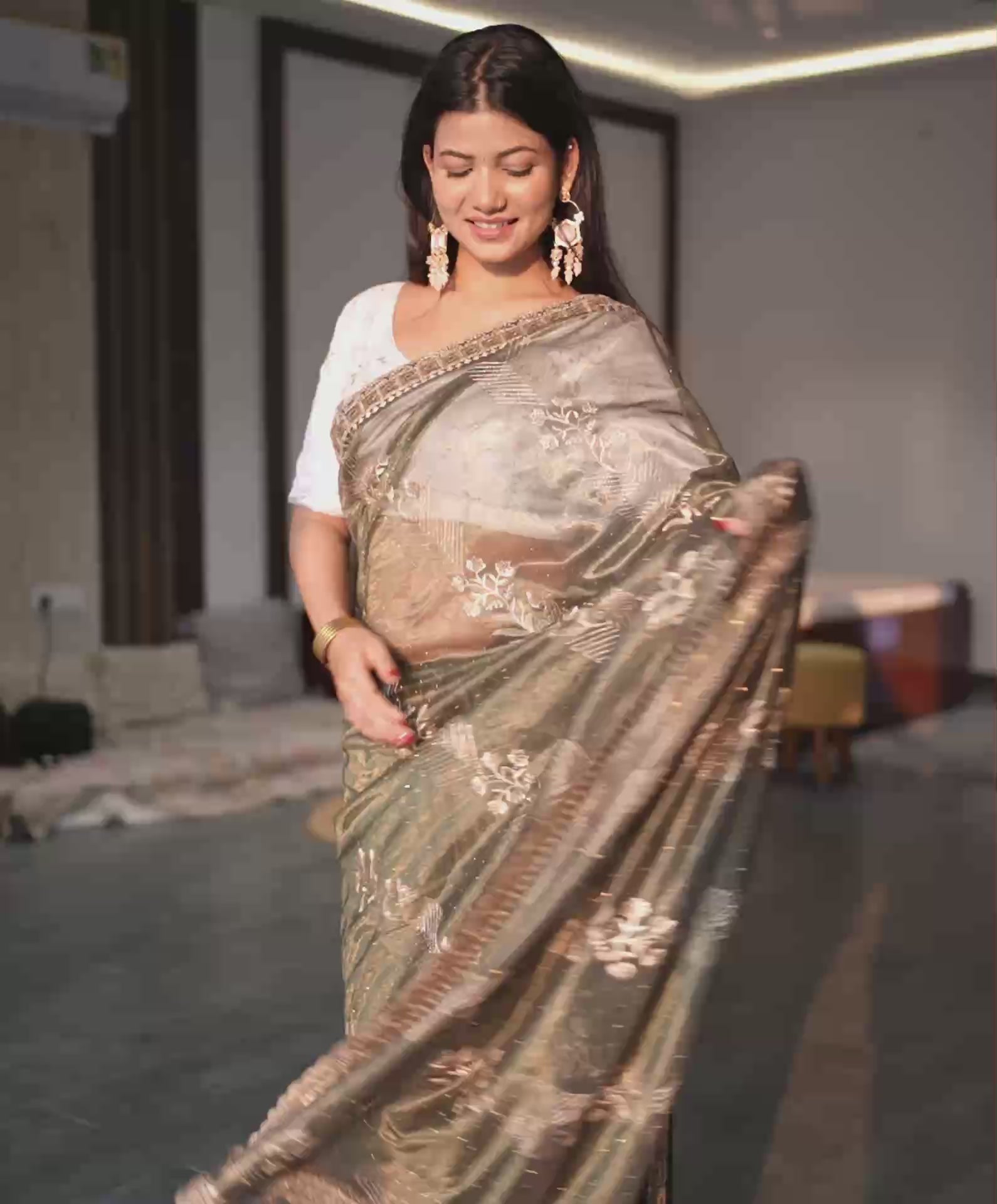 Mehndi Green Shimmer Net Embroidery Swarovski Saree